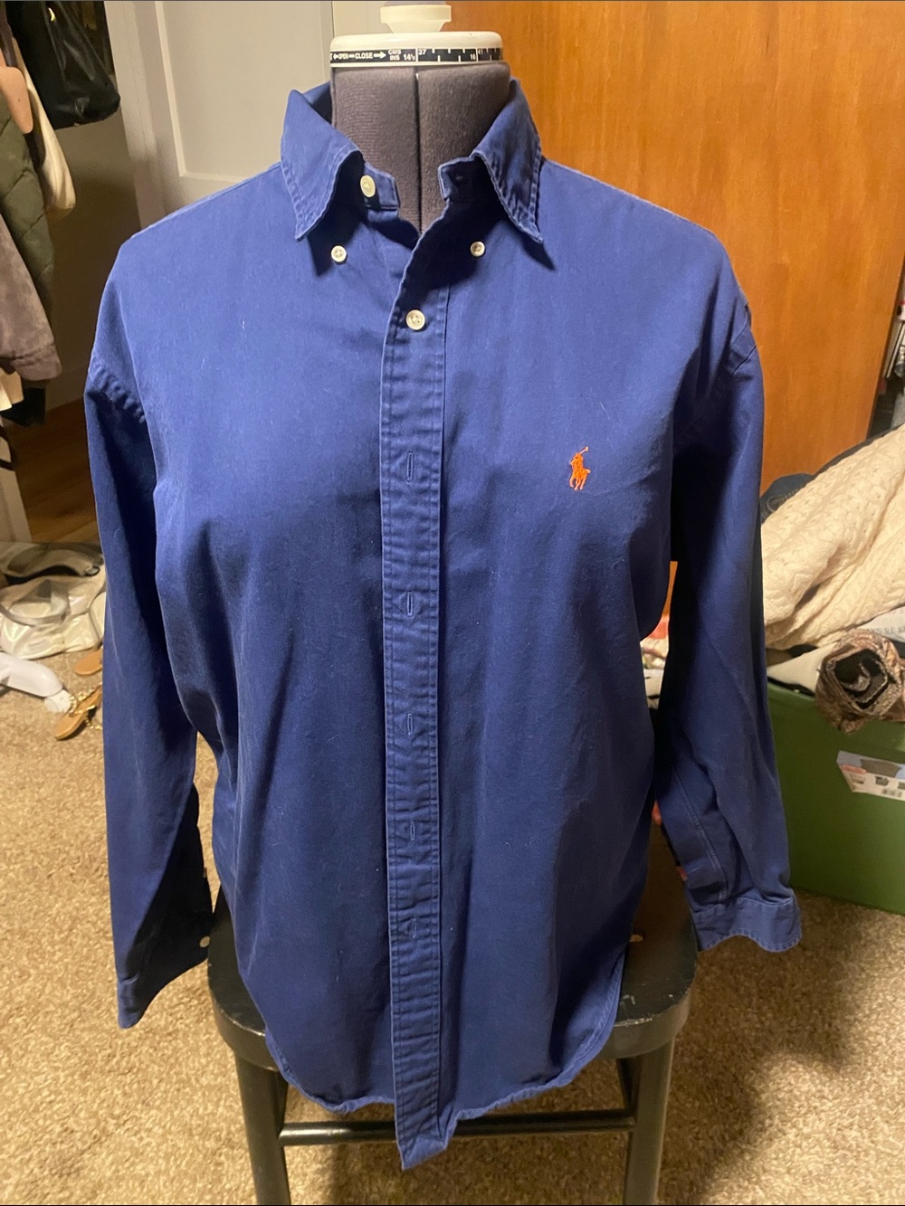 Ralph Lauren Navy Blue Button-Down Shirt with Orange Pony